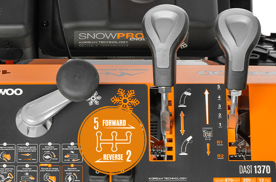 Система обеспечивает выбор скоростей: 5 скоростей вперед и 2 скорости назад, в зависимости от высоты снежного покрова. Простая и одновременно надежная система перемещения фрикционного диска для изменения скорости.