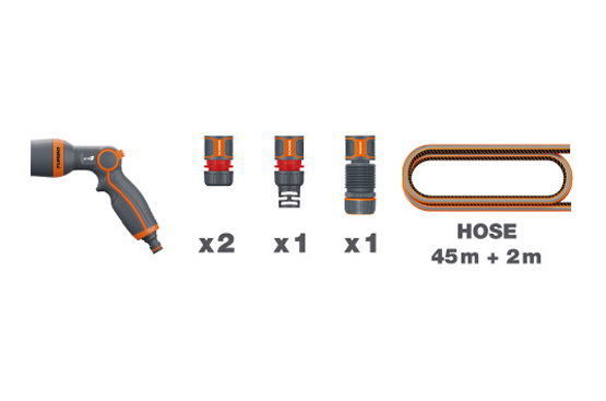 В комплект поставки входят: шланг UltraGrip Plus (5/8”, 30+2 м), пистолет-распылитель DWG 1020, коннектор для шланга 12,5-15 мм (1/2” - 5/8”) DWC 2514 (2 шт.), коннектор с Aquastop для шланга 13мм-15мм (1/2